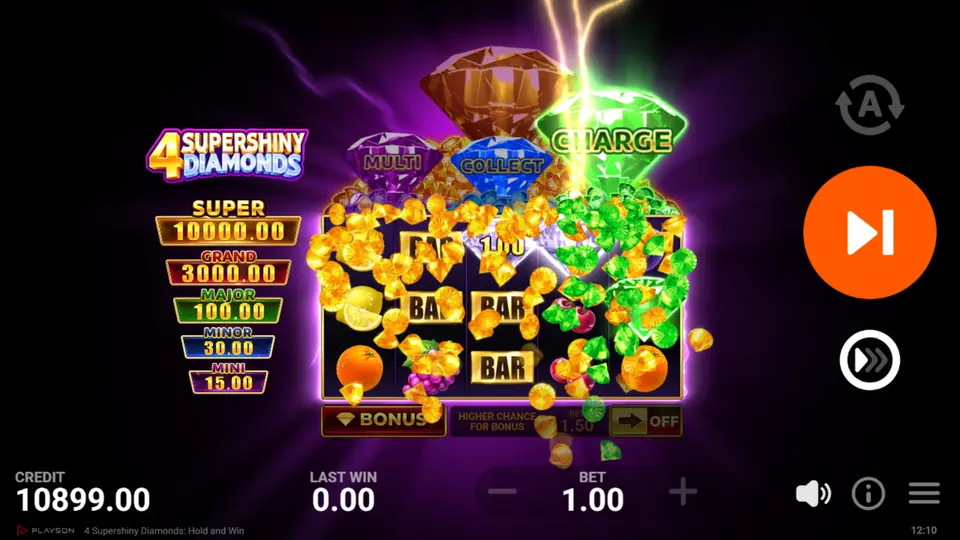 Hold and Win Bonus Game grid with Diamond symbols filling cells and the respin counter on screen
