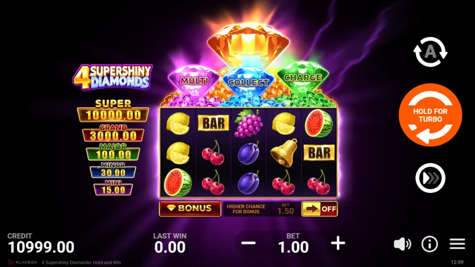 4 Supershiny Diamonds base game grid with fruit symbols and a Diamond symbol on the reels